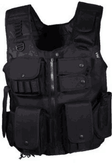 a black tactical vest with a lot of pockets and a zipper on a white background .