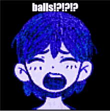 a pixel art of a boy with blue hair screaming with the words balls written above him