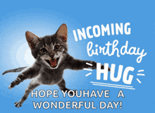 a birthday card with a cat and the words incoming birthday hug