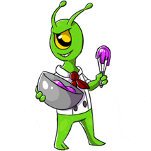 a green cartoon character is holding a whisk and a bowl of food