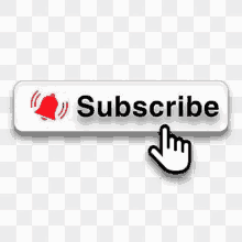 a subscribe button with a bell and a hand pointing at it on a transparent background .