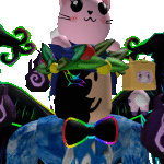 a cartoon character with a bow tie and a cat on his head