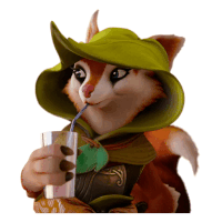 a cartoon fox wearing a green hat is drinking from a glass