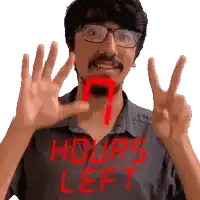 a man wearing glasses and a shirt that says " hours left " on it