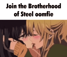 a couple of anime girls kissing with the words join the brotherhood of steel oomfie below them