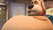 a cartoon dog with a big belly is sitting on a couch .