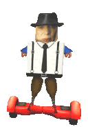 a man in a hat and suspenders is riding a scooter