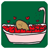 a cartoon drawing of a potato in a bathtub surrounded by red hearts