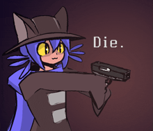 a drawing of a cat holding a gun with the word die in the corner