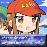 a pixel art of a girl wearing a red hat that says ' keke '