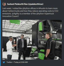 a twitter post from sushant palakurthi rao shows three men standing in front of a truck