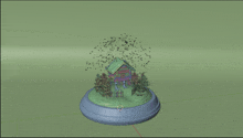 a 3d model of a log cabin with a green roof and trees