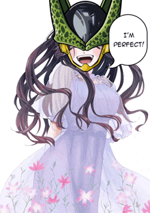 a drawing of a girl in a dress with a speech bubble saying i 'm perfect