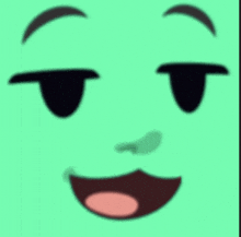 a green face with black eyes and a pink mouth