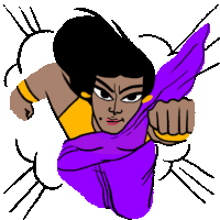 a cartoon drawing of a woman in a purple and yellow outfit