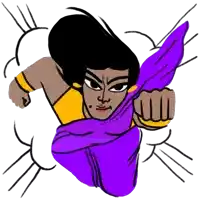 a cartoon drawing of a woman in a purple and yellow outfit