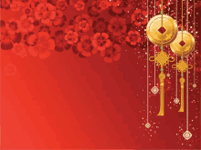 a red background with red flowers and gold coins hanging from strings