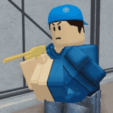 a roblox character wearing a blue hat and blue shirt is holding a gun