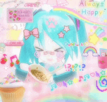 a girl with blue hair is holding a bowl of noodles