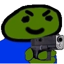 a green cartoon character is holding a gun with a smiley face .