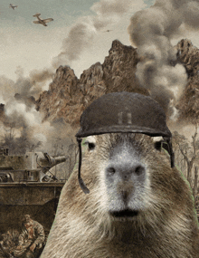 a picture of a capybara wearing a helmet with the number 13 on it