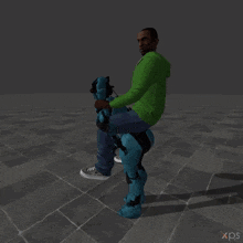 a man wearing a green hoodie is standing next to a blue robot