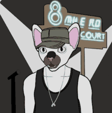 a cartoon of a dog standing in front of a sign for 8 mile road court