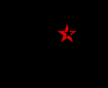 a red star with a black center is floating in the air on a black background