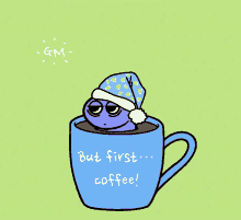 a cartoon of a purple worm in a cup that says but first coffee