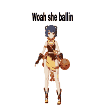 a cartoon girl holding a basketball with the words woah she ballin below her