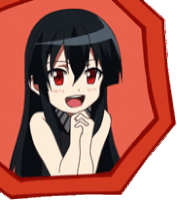 a cartoon of a girl with black hair and red eyes in a red frame