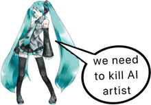 a picture of hatsune miku with a speech bubble that says " we need to kill al artist "