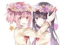 two anime girls with flowers on their heads