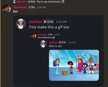 a screenshot of a conversation between xyphen and krne with a picture of the teen titans go