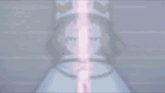 a girl is holding a sword in front of her face while wearing a rainbow hat .
