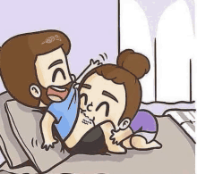 a cartoon of a man and a woman laying on a bed together .