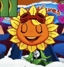 a cartoon sunflower wearing goggles is smiling and sitting in the snow .