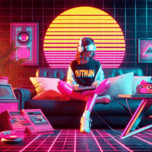 a girl wearing headphones and a shirt that says outrun sits on a couch