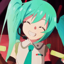 hatsune miku is a female anime character with green hair and a microphone on her head .