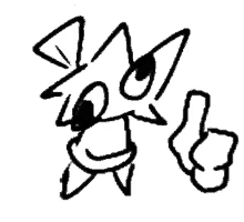 a black and white drawing of a cartoon character with a thumbs up .