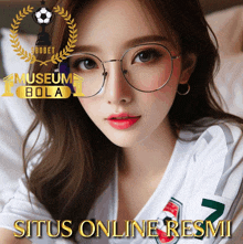 a woman wearing glasses with situs online resmi on the bottom right