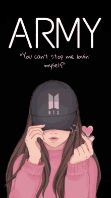 a girl is wearing a bts hat and making a heart with her hands