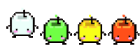 a pixel art illustration of four different apples in different colors