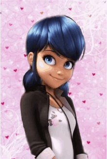 a cartoon girl with blue hair and blue eyes is smiling on a pink background .