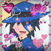 a boy in a blue hat is surrounded by pink hearts and says i love you