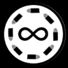 a white circle with a black infinity symbol in the middle and bullets around it .