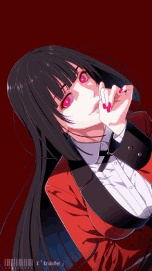 a drawing of a girl with red eyes and a red jacket