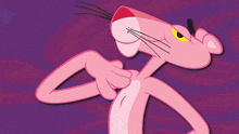 a cartoon pink panther with a yellow eye is pointing