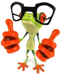 a cartoon frog wearing glasses is giving a thumbs up .