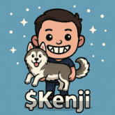 a cartoon drawing of a man holding a husky dog with the name $ kenji